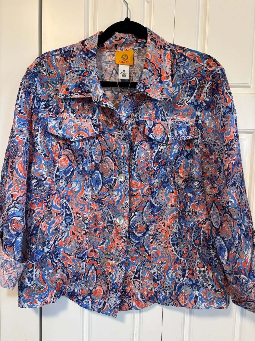 Ruby Rd. Style 48135 Blue Orange Paisley Button Down Sheer Shirt Size 14